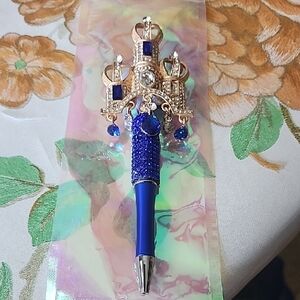 Blue Jeweled Crown Ballpoint Pen — Elegant Desk Accent